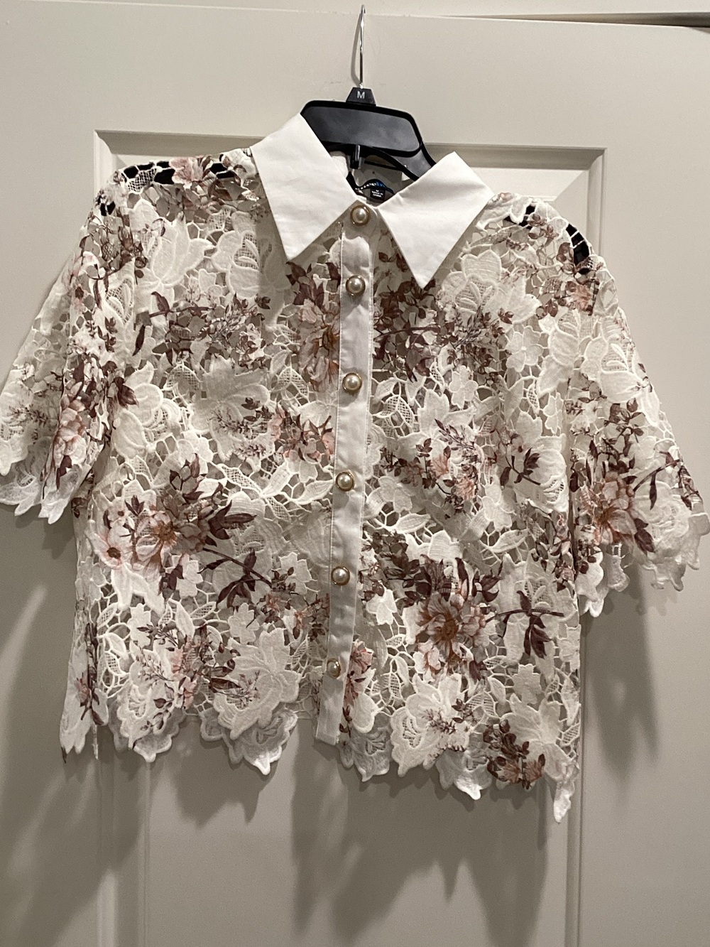 Alice Blue Floral Lace Button-Up Blouse in White and Brown